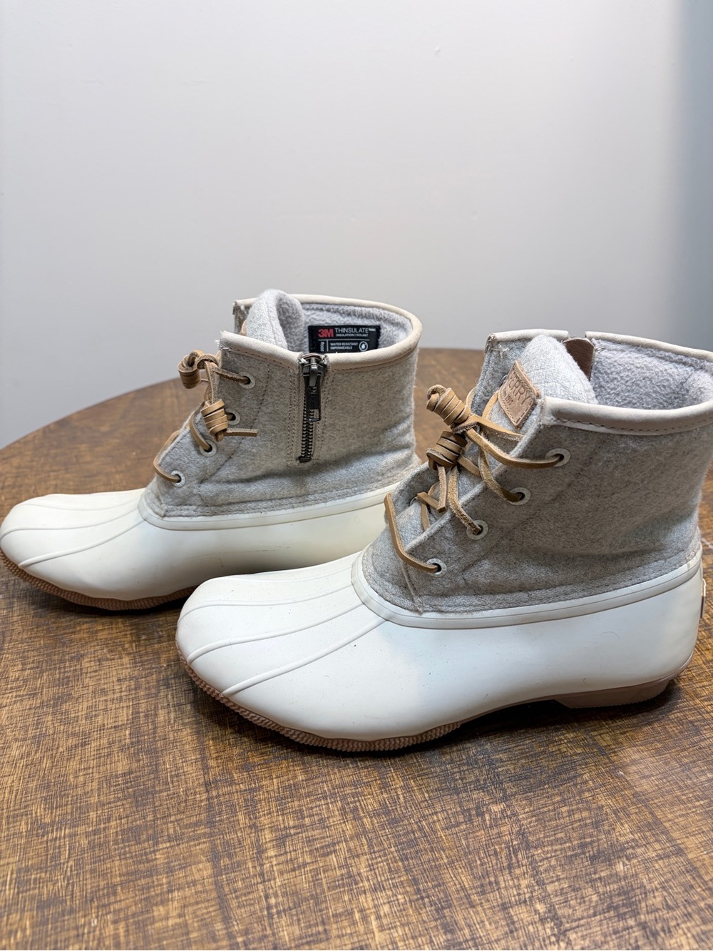 Sperry Gray and White Winter Duck Boots